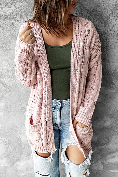 R&B | Strickjacke - Lange offene Vorderseite - Kabelstrick mit Taschen