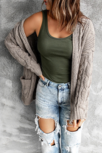 R&B | Strickjacke - Lange offene Vorderseite - Kabelstrick mit Taschen