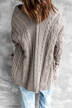 R&B | Strickjacke - Lange offene Vorderseite - Kabelstrick mit Taschen