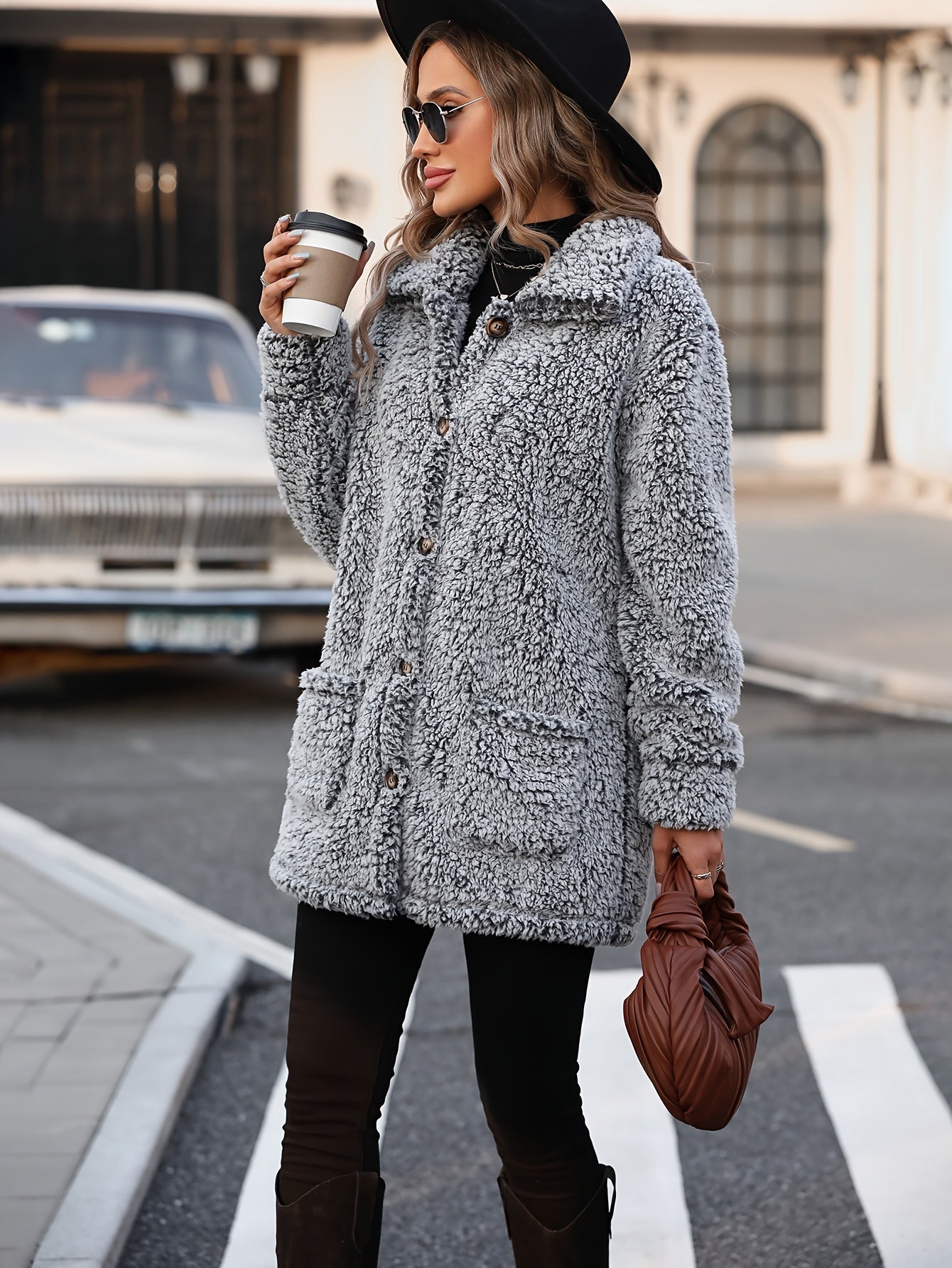R&B | Lange Teddyjacke mit Knöpfen Polyester Komfortabel und Warm