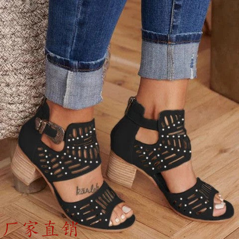 Damen Sandaletten mit modischem Cut-Out-Design und bequemer Blockabsatz-Sohle R&B