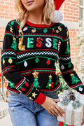 R&B | Lässige Buchstaben Weihnachtsbaum Druck Pailletten Split Joint O Hals Tops