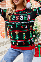 R&B | Lässige Buchstaben Weihnachtsbaum Druck Pailletten Split Joint O Hals Tops