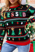 R&B | Lässige Buchstaben Weihnachtsbaum Druck Pailletten Split Joint O Hals Tops