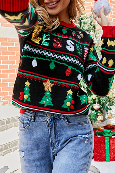 R&B | Lässige Buchstaben Weihnachtsbaum Druck Pailletten Split Joint O Hals Tops