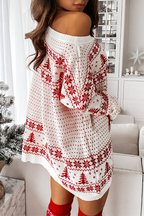 R&B | Lässige Wapiti Schneeflocken Weihnachtsbaum Gedruckte Patchwork Kontrast O-Ausschnitt Kleider Pullover