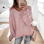 Damen lässiger Strickpullover mit modischem Schnürdetail R&B