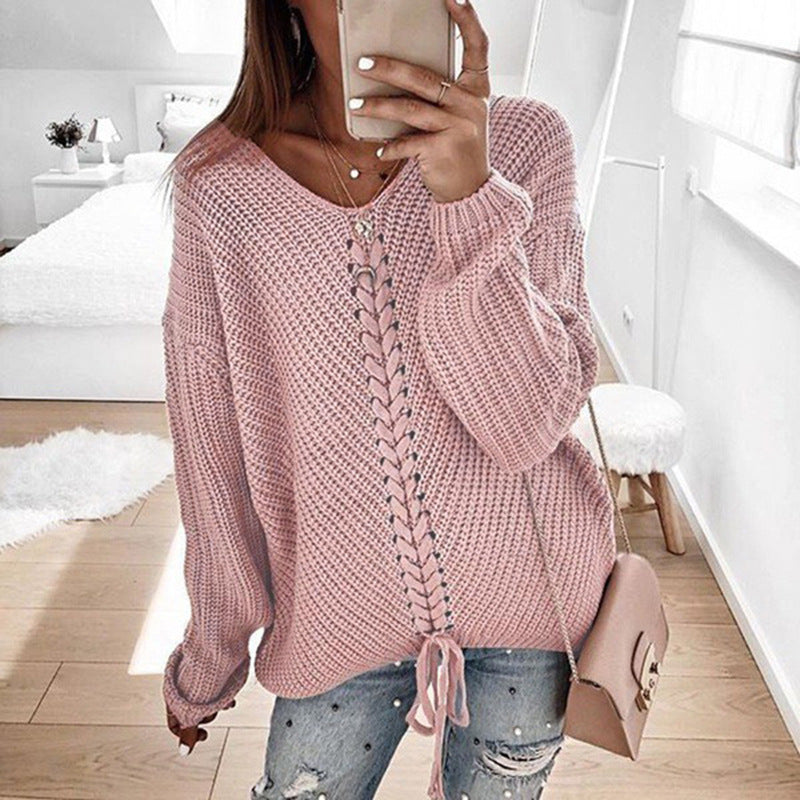 Damen lässiger Strickpullover mit modischem Schnürdetail R&B
