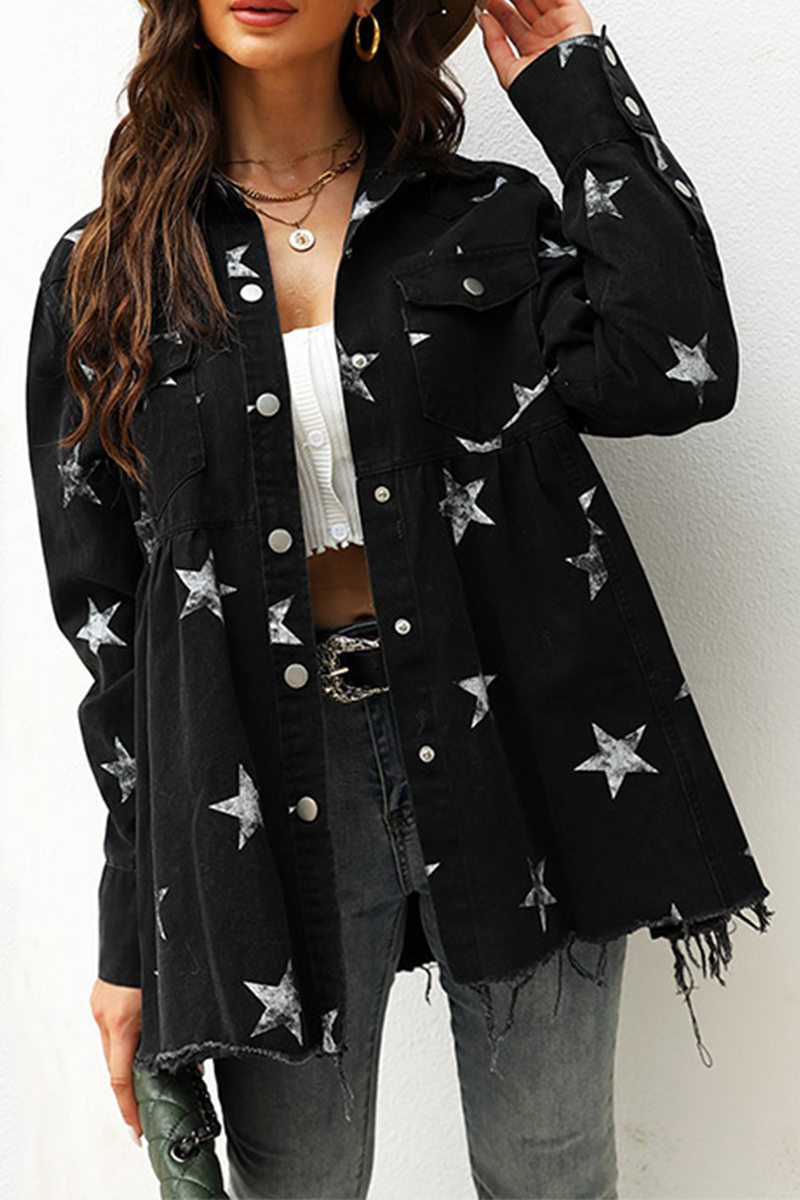 R&B | Die Sterne Quasten Schnalle Umklappkragen Langarm Denimjacke