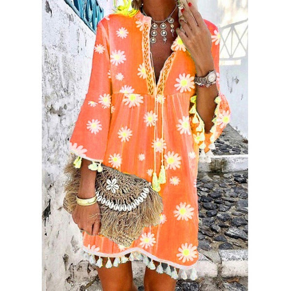 Damen Strandkleid mit floralen Motiven und Quastenverzierungen R&B