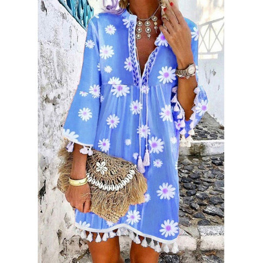 Damen Strandkleid mit floralen Motiven und Quastenverzierungen R&B