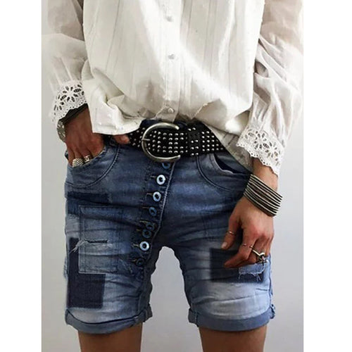 Damen Destroyed Denim-Shorts mit Knopfleiste R&B