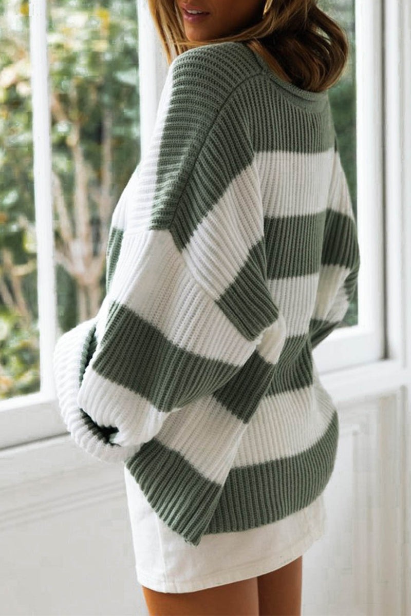 R&B | Modische süße gestreifte Kontrast-O-Ausschnitt Pullover