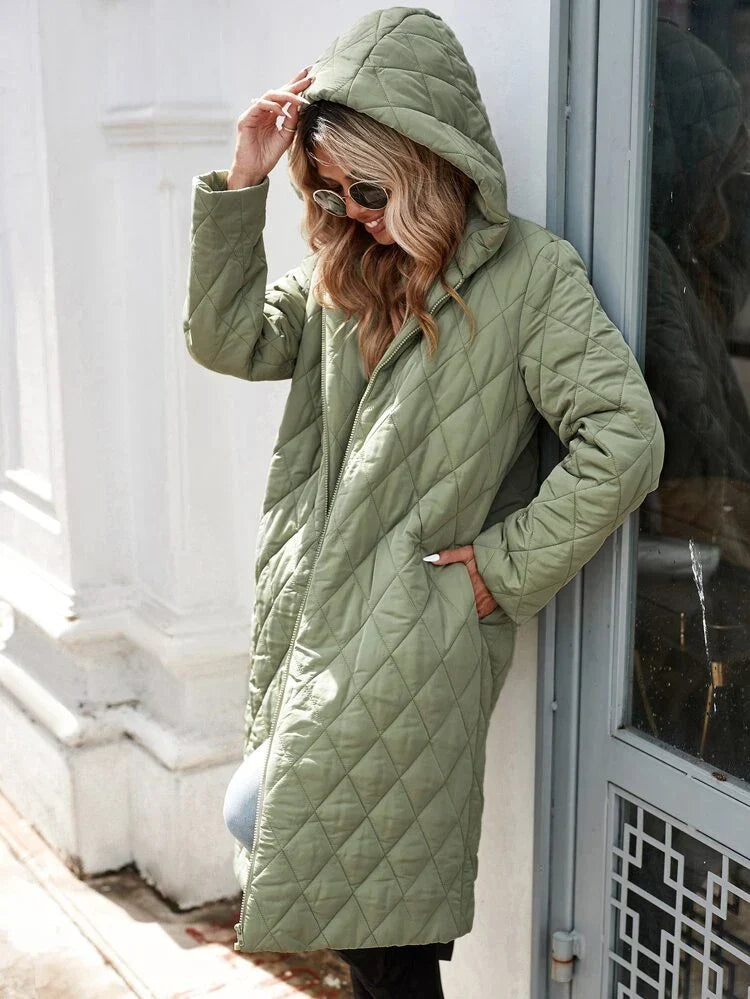 R&B | Kapuzen-Daunenjacke für Damen - lange gep quiltete Jacke