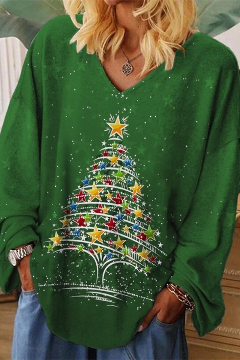R&B | Lässige Weihnachtsbaum gedruckte Patchwork V-Ausschnitt Tops