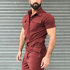 Herren nan Kurzarm-Arbeits-Overall mit Taillengürtel und Brusttaschen R&B