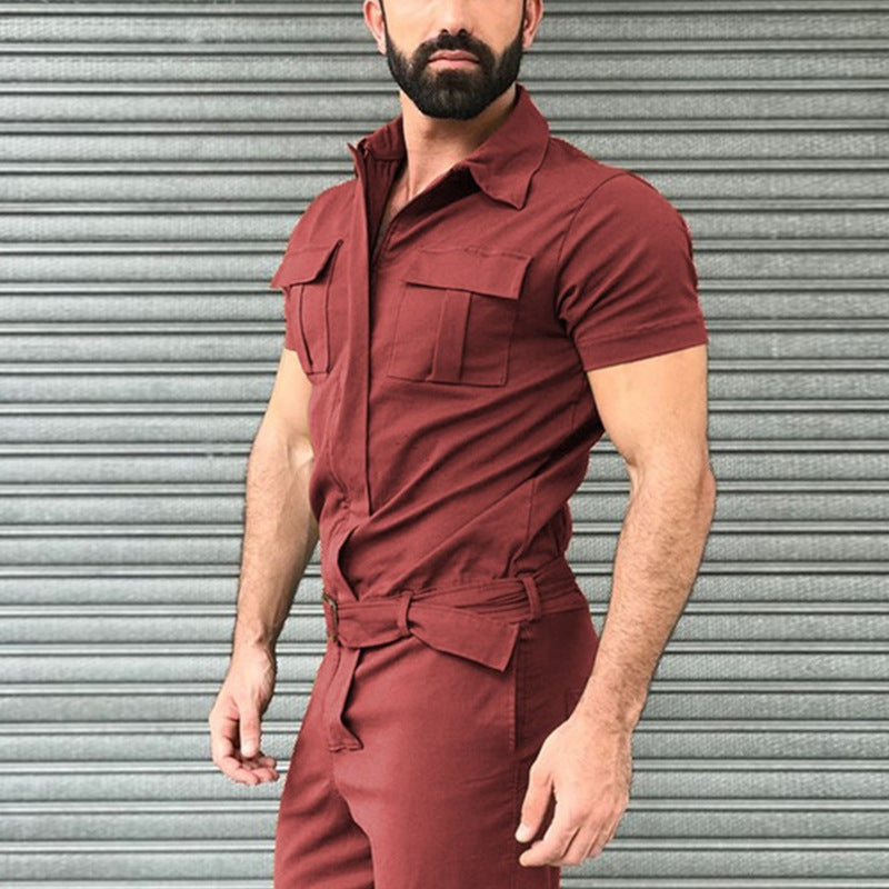Herren nan Kurzarm-Arbeits-Overall mit Taillengürtel und Brusttaschen R&B