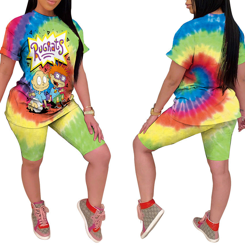 Damen Kurzarm-Set mit einzigartigem Cartoon-Druck und bequemen Radlerhosen R&B