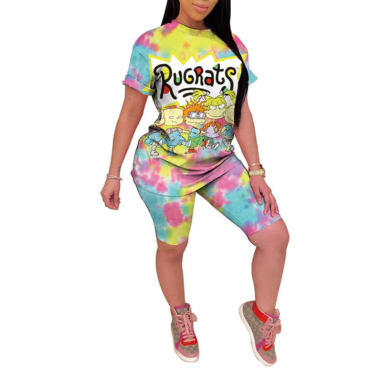 Damen Kurzarm-Set mit einzigartigem Cartoon-Druck und bequemen Radlerhosen R&B