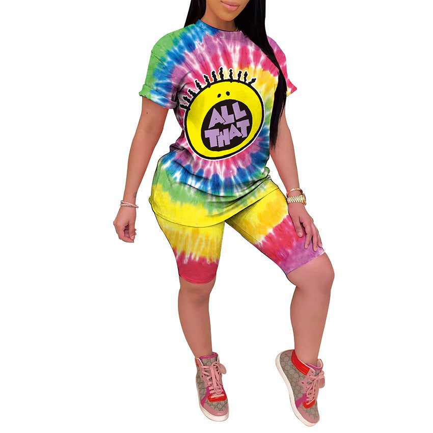 Damen Kurzarm-Set mit einzigartigem Cartoon-Druck und bequemen Radlerhosen R&B
