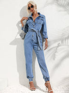 R&B | Denim Overall Knopfront Klappentaschen Passender Gürtel Gekrempelte Ärmel