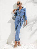R&B | Denim Overall Knopfront Klappentaschen Passender Gürtel Gekrempelte Ärmel