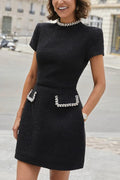 R&B | Exquisite und Verspielt Tweed Stoff Perlenbesatz Kurzarm Eingrifftaschen Mini Kleid