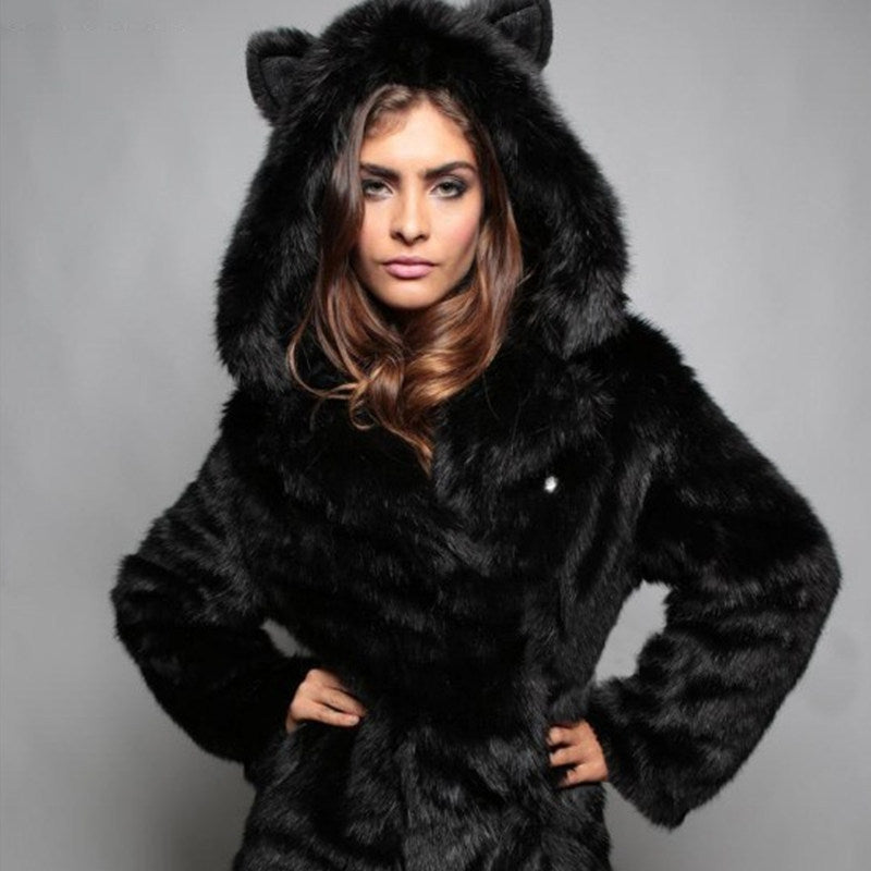 Damen Kuschelige Felljacke mit tierischen Ohren R&B