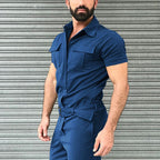 Herren nan Kurzarm-Arbeits-Overall mit Taillengürtel und Brusttaschen R&B