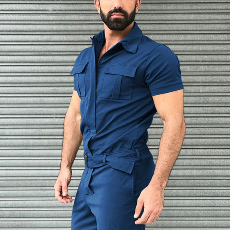 Herren nan Kurzarm-Arbeits-Overall mit Taillengürtel und Brusttaschen R&B
