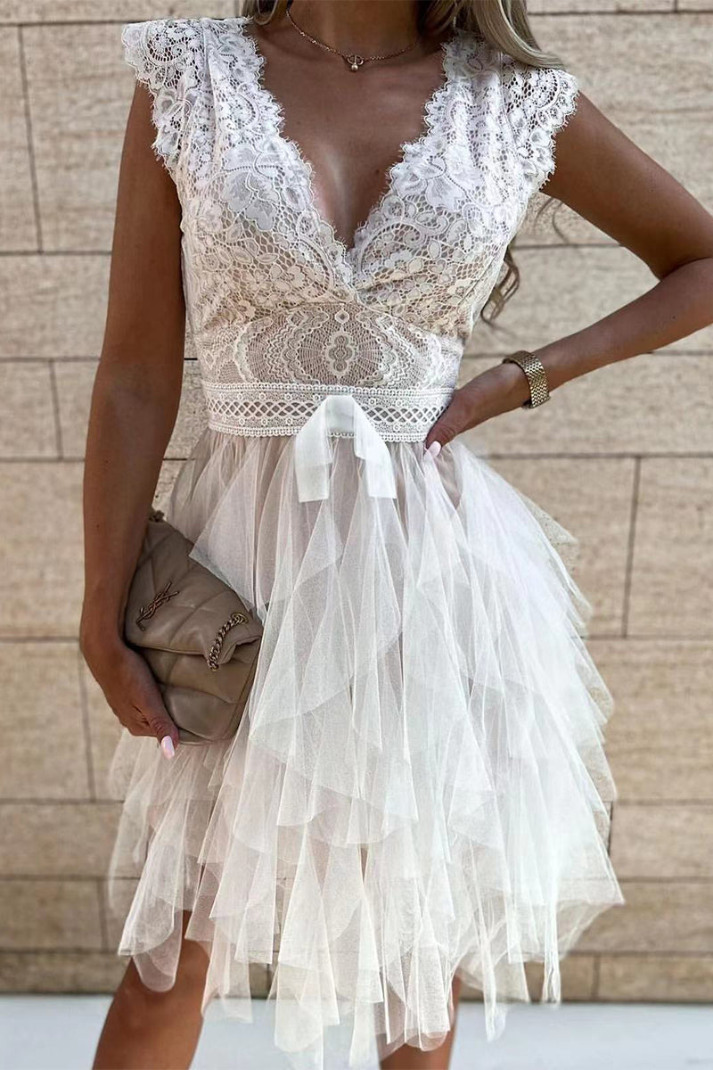 R&B | Süß Elegante Einfarbige Mesh V-Ausschnitt Ungleichmäßiges Kleid Kleider- 3 Farben