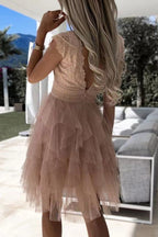 R&B | Süß Elegante Einfarbige Mesh V-Ausschnitt Ungleichmäßiges Kleid Kleider- 3 Farben