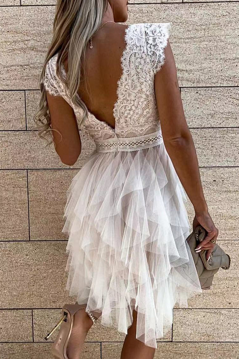 R&B | Süß Elegante Einfarbige Mesh V-Ausschnitt Ungleichmäßiges Kleid Kleider- 3 Farben