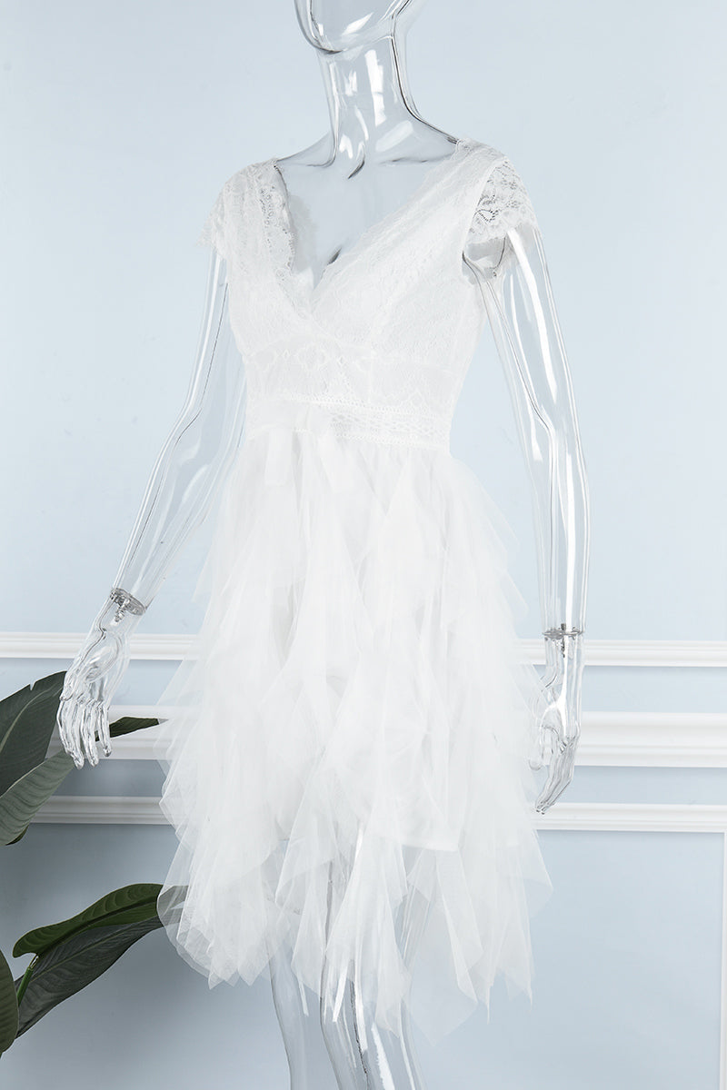 R&B | Süß Elegante Einfarbige Mesh V-Ausschnitt Ungleichmäßiges Kleid Kleider- 3 Farben