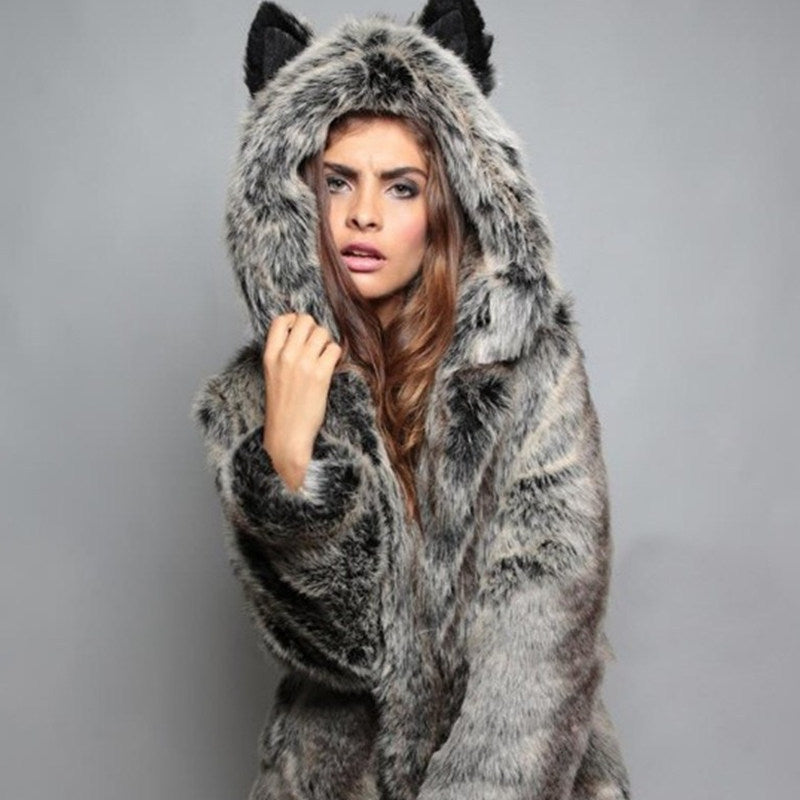 Damen Kuschelige Felljacke mit tierischen Ohren