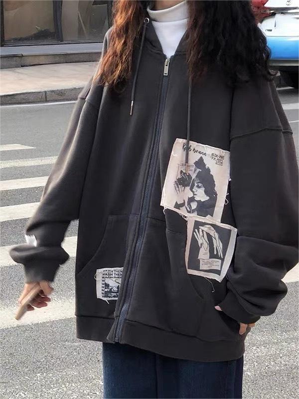 R&B | Hoodie mit Gepatchten Bildern Und Reißverschluss