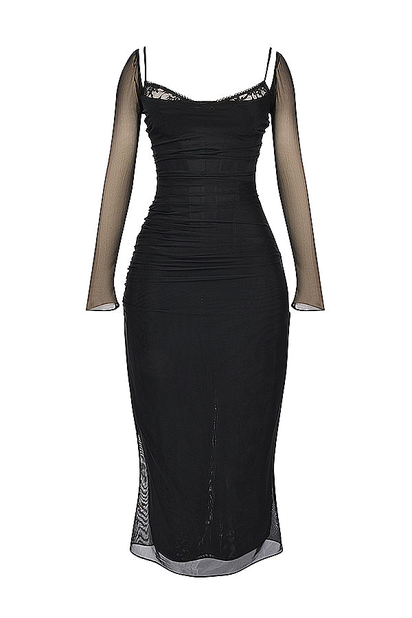 R&B | Elegantes Maxikleid mit tiefem Ausschnitt und langen Ärmeln