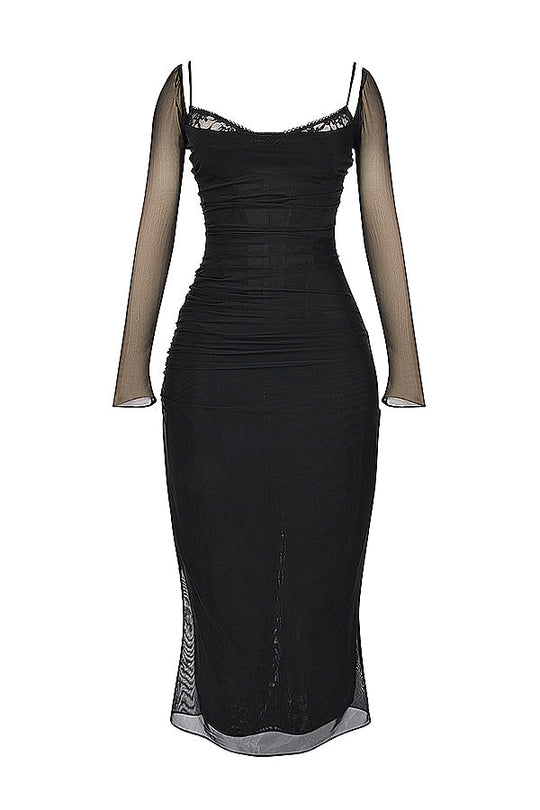 R&B | Elegantes Maxikleid mit tiefem Ausschnitt und langen Ärmeln