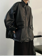 R&B | Oversized Schwarzer Veganer Lederjacke mit Reißverschluss