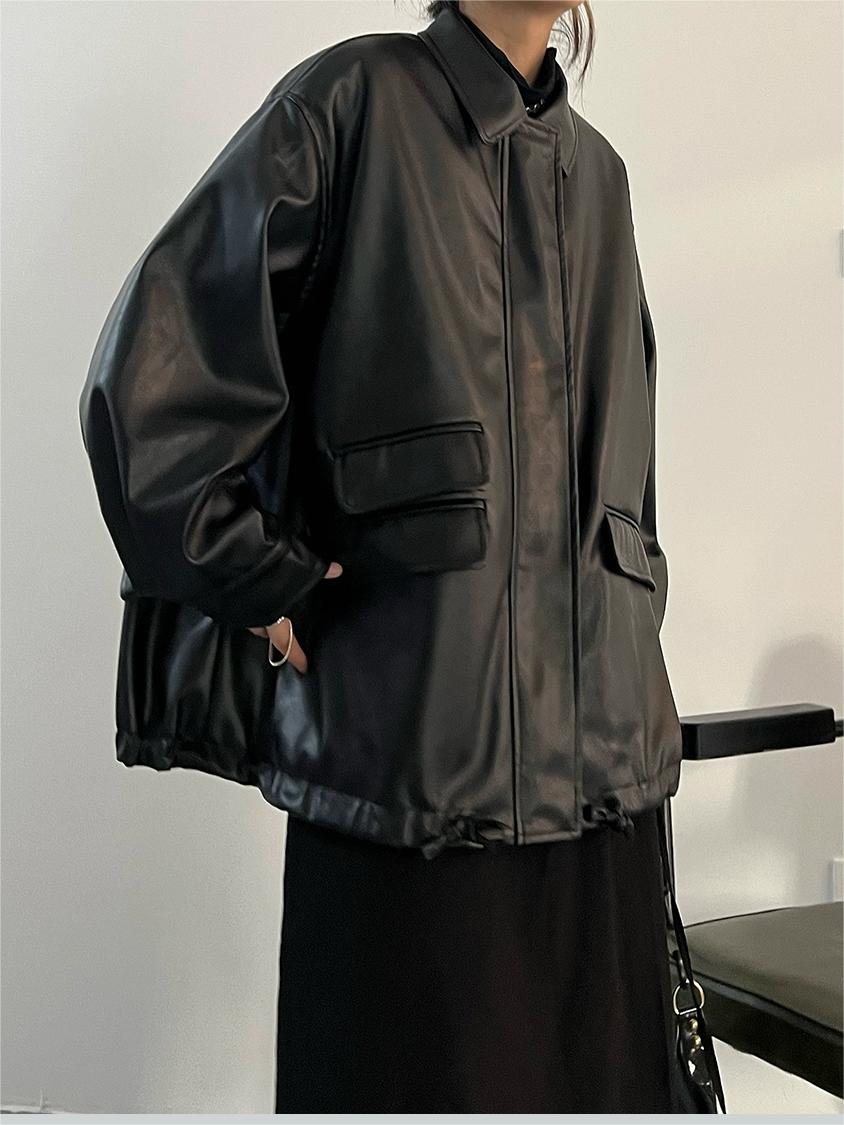 R&B | Oversized Schwarzer Veganer Lederjacke mit Reißverschluss