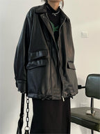 R&B | Oversized Schwarzer Veganer Lederjacke mit Reißverschluss