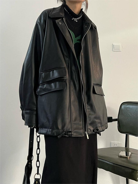 R&B | Oversized Schwarzer Veganer Lederjacke mit Reißverschluss