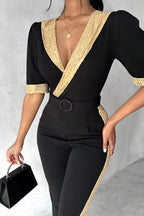 R&B | Lässiger Patchwork Pailletten V-Ausschnitt Skinny Jumpsuits