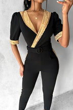 R&B | Lässiger Patchwork Pailletten V-Ausschnitt Skinny Jumpsuits