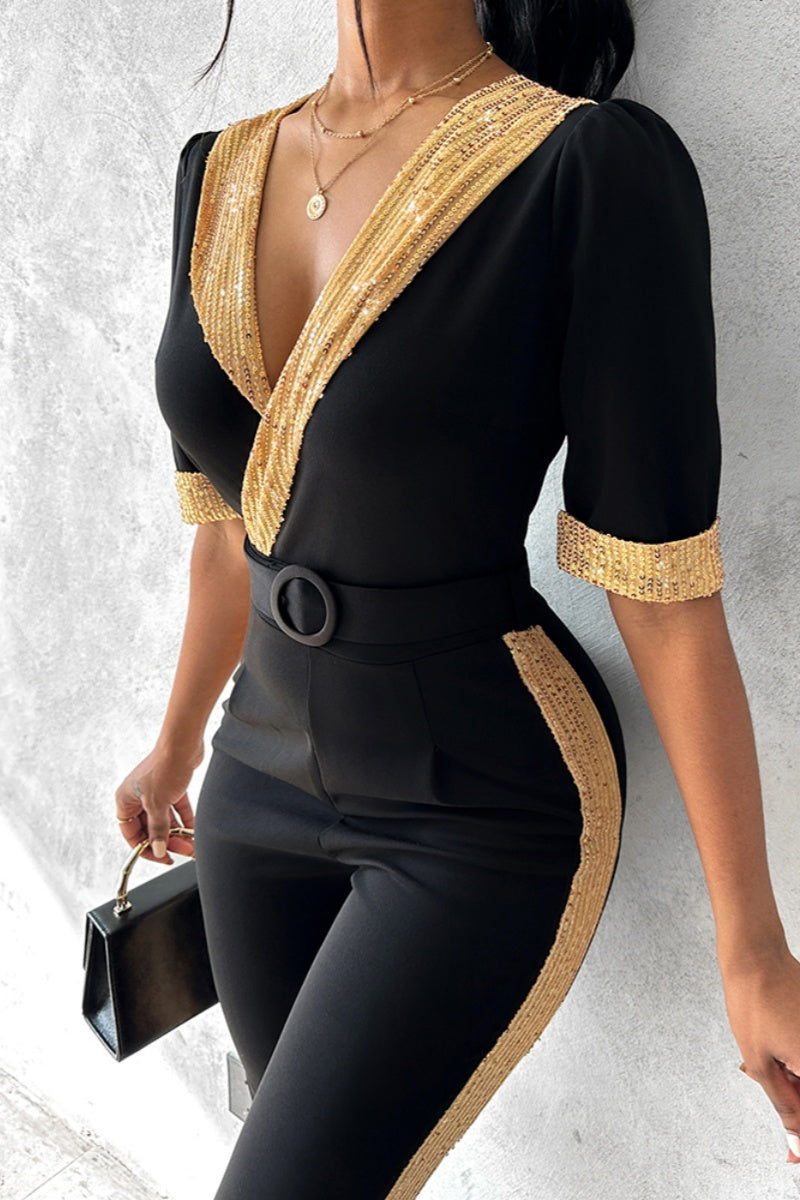 R&B | Lässiger Patchwork Pailletten V-Ausschnitt Skinny Jumpsuits