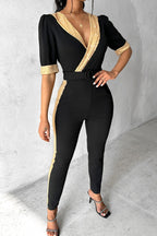 R&B | Lässiger Patchwork Pailletten V-Ausschnitt Skinny Jumpsuits