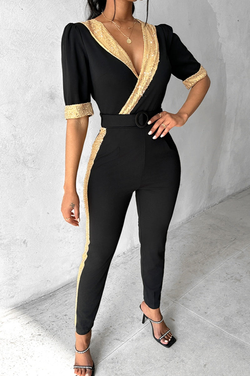 R&B | Lässiger Patchwork Pailletten V-Ausschnitt Skinny Jumpsuits