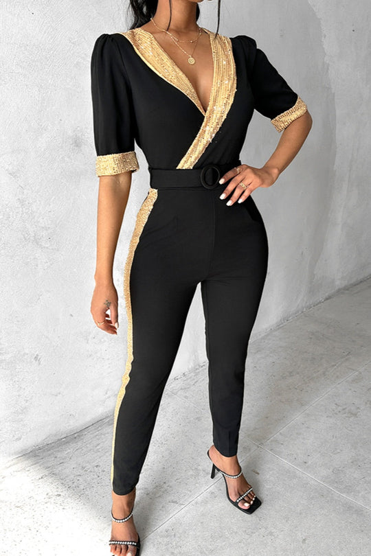 R&B | Lässiger Patchwork Pailletten V-Ausschnitt Skinny Jumpsuits