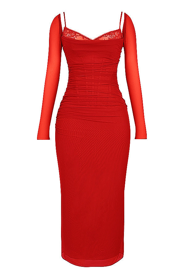 R&B | Elegantes Maxikleid mit tiefem Ausschnitt und langen Ärmeln