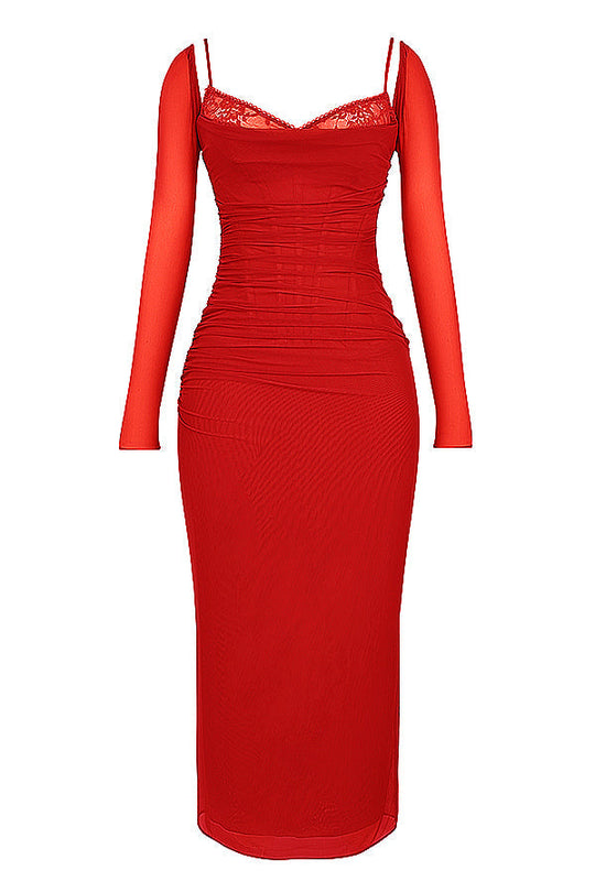 R&B | Elegantes Maxikleid mit tiefem Ausschnitt und langen Ärmeln